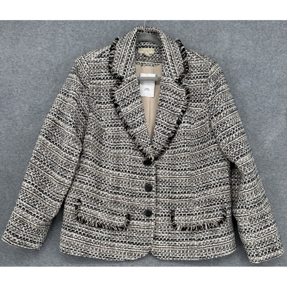 Tweed Blazer Jacket Black Cream Fringe Trim Classic Career Petite 14P